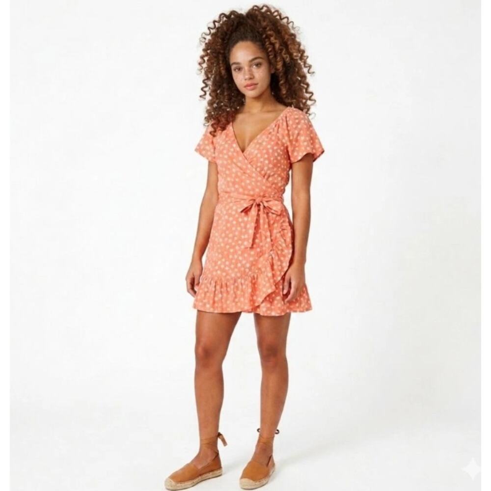 Cleobella Alexia Floral Short Sleeve Ruffle Wrap Mini Dress Copper Orange Medium